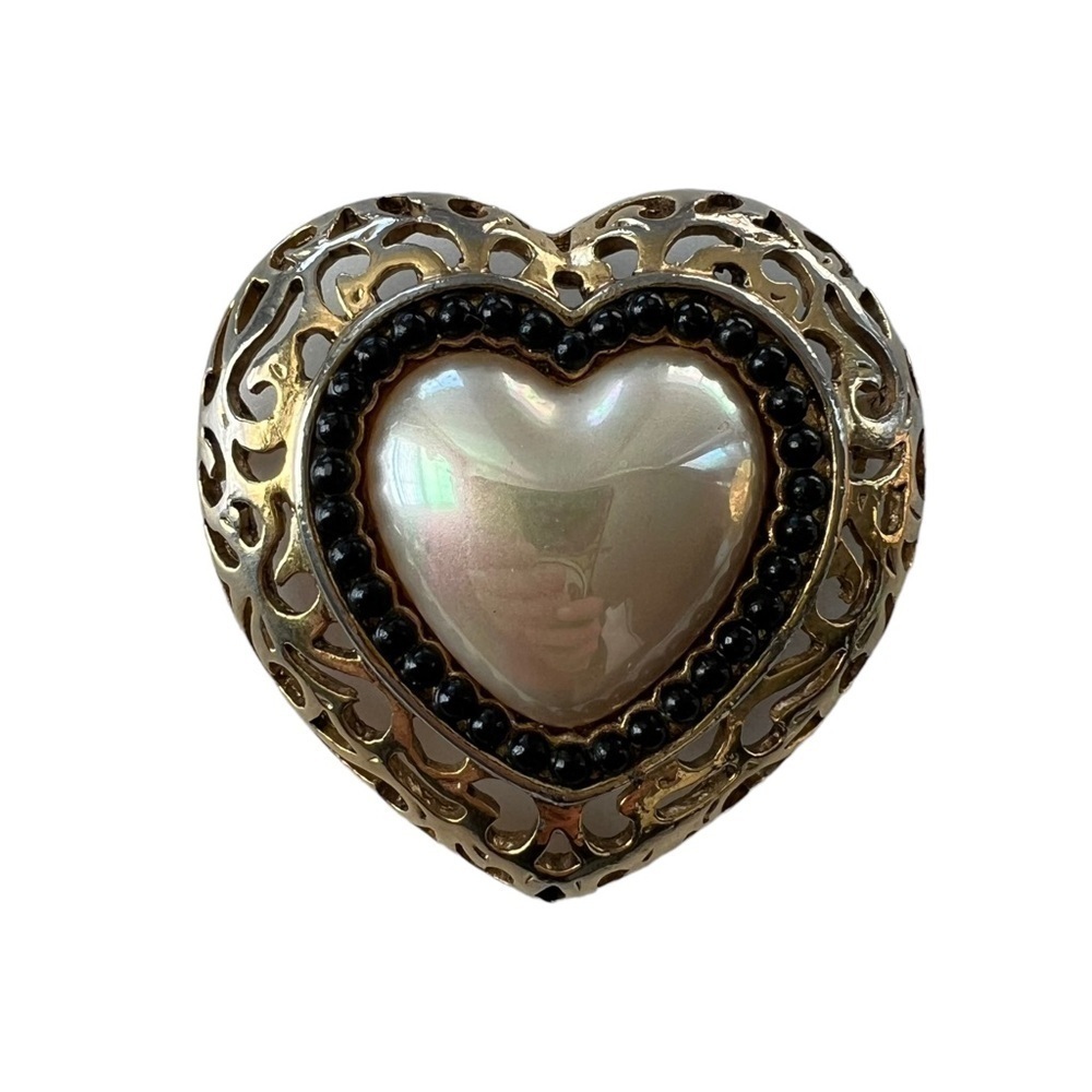 Antique Style Brooch Stamped RAFT Gold WHITE Heart Filigree Black Bead Grandma